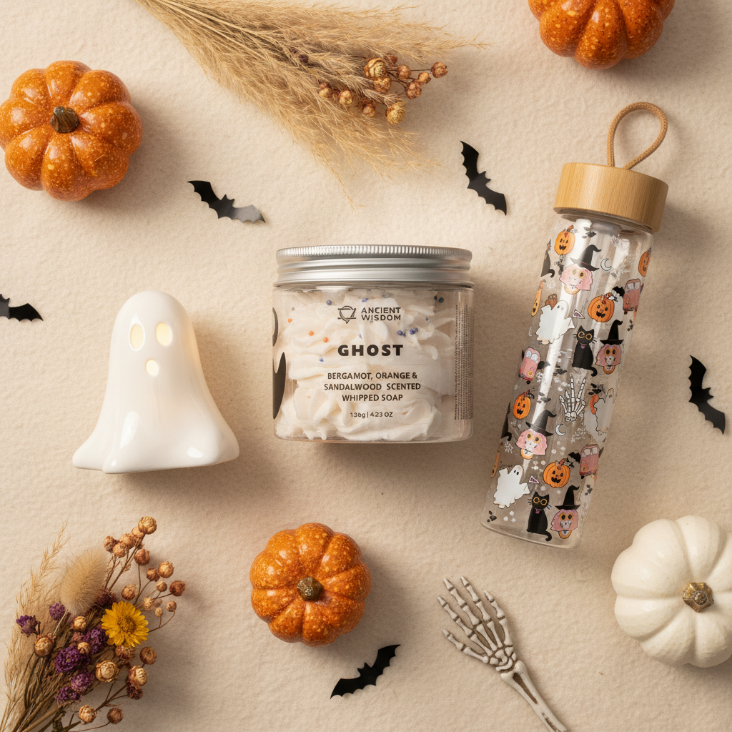 Ghostly Gifts Set featuring ghost whipped soap, ceramic LED ghost light and Halloween print glass water bottle