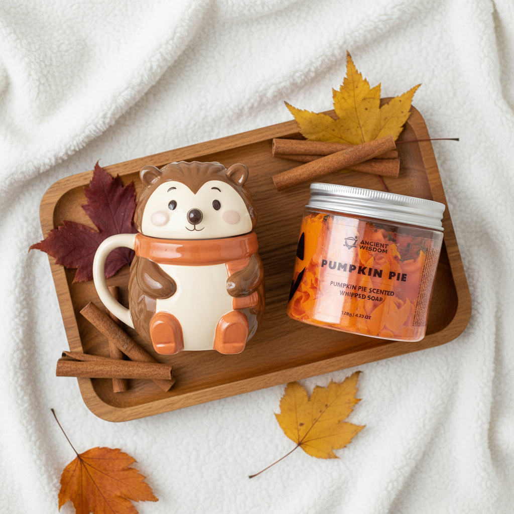 Hazel Hedgehog lidded mug and Pumpkin Pie whipped soap styled together as a cosy autumn gift set