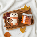Hazel Hedgehog lidded mug and Pumpkin Pie whipped soap styled together as a cosy autumn gift set