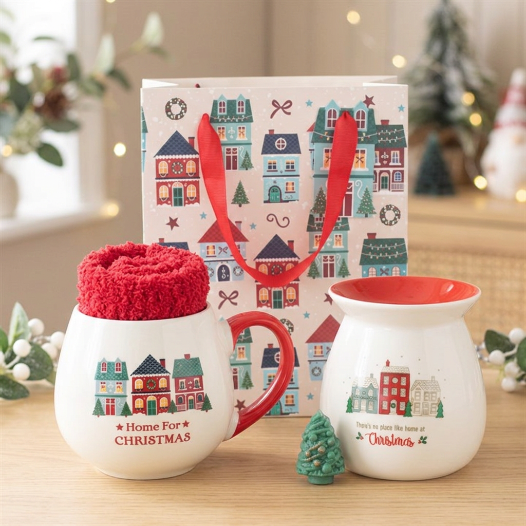Home for Christmas gift set with festive mug, red socks, ceramic wax warmer, green tree-shaped wax melt and Christmas Street gift bag.