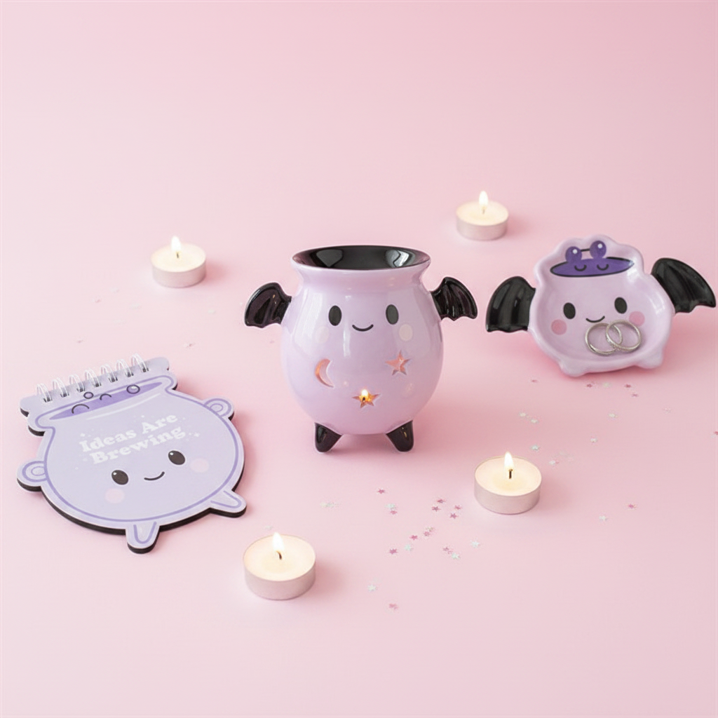Pastel Cauldron Gift Set featuring bat brew oil burner, trinket dish and cauldron notepad styled together