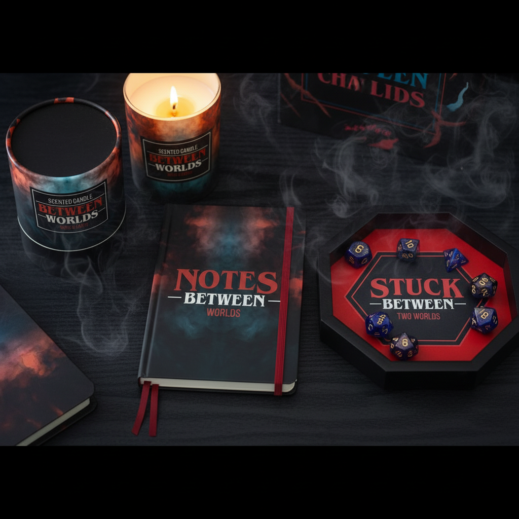 Between 2 Worlds Gift Set featuring Between Worlds Moss & Earth candle, Notes Between Worlds notebook and Stuck Between Two Worlds dice tray