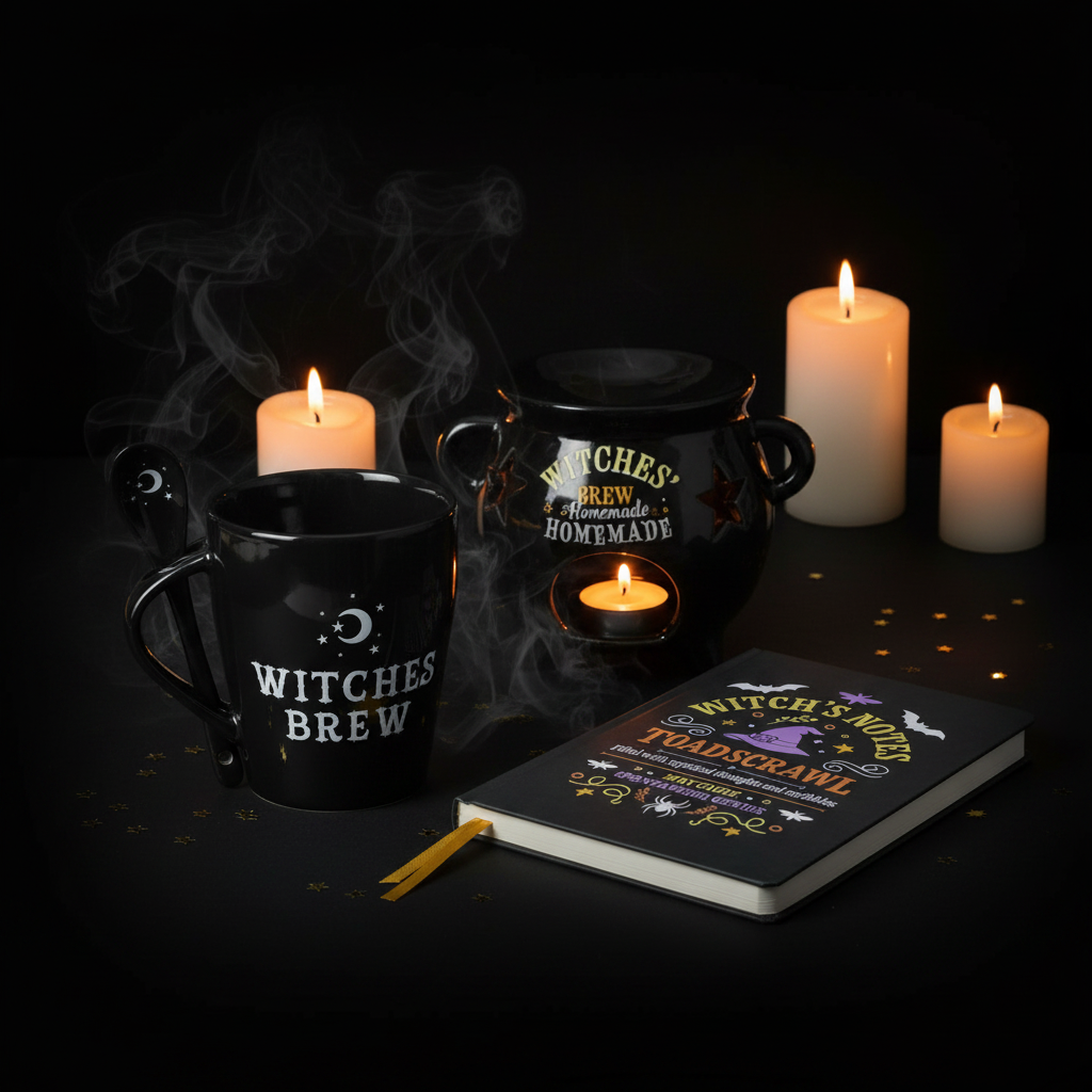 Witches' Brew Gift Set featuring Witches Brew mug and spoon, cauldron oil burner and wax warmer, and Witch's Notes Toadscrawl A5 notebook