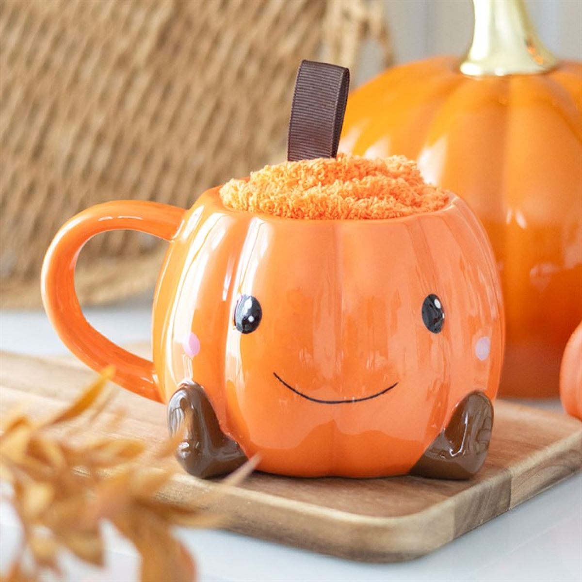 Cute Smiling Pumpkin Mug and Socks Set Something Different