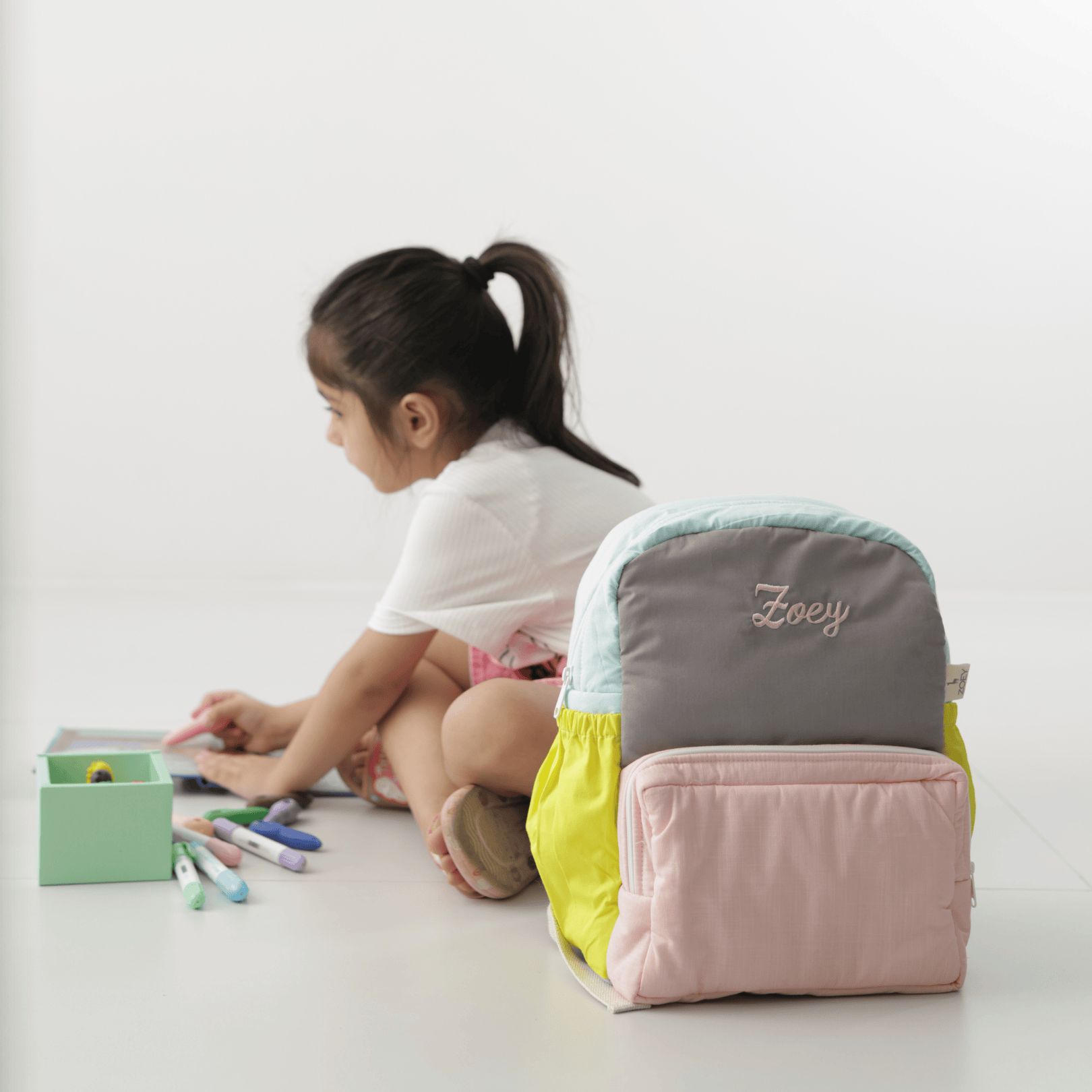 Bright Blocks Personalised School Bag, Hand-Embroidered