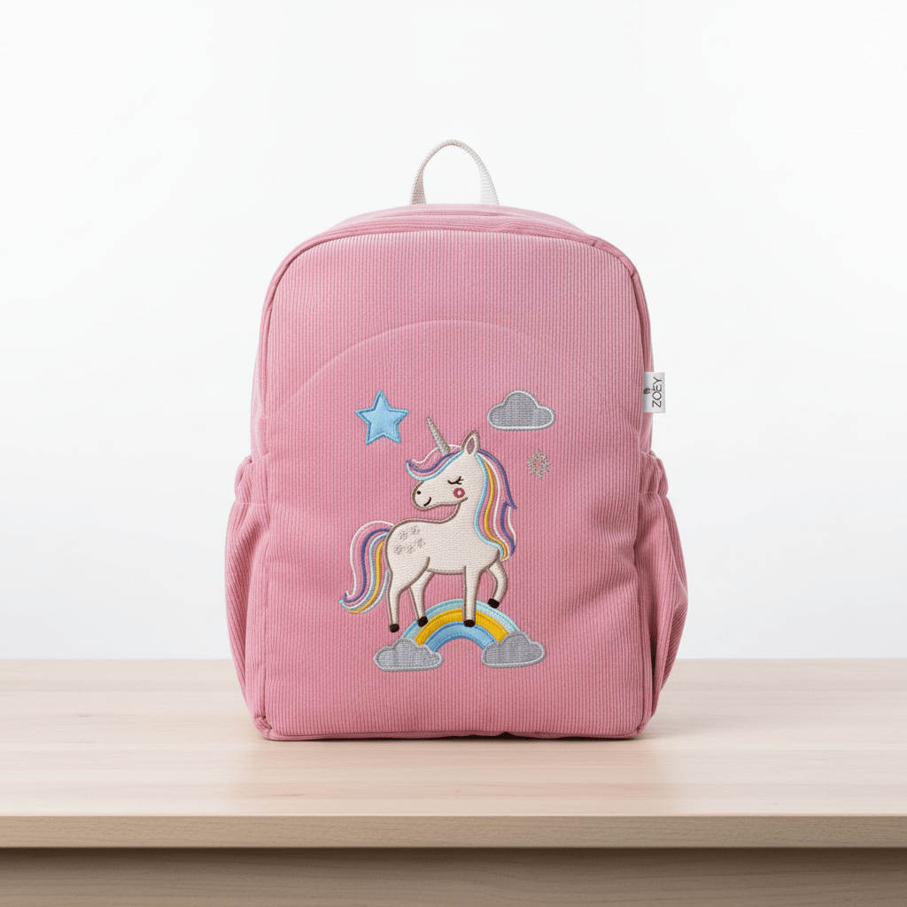 Unicorn Charm Personalised School Bag, Hand-Embroidered