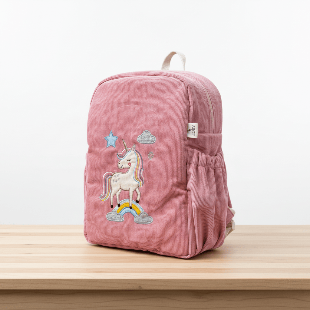 Unicorn Charm Personalised School Bag, Hand-Embroidered