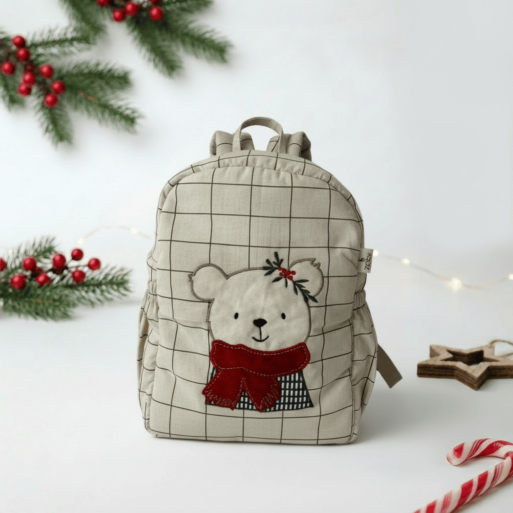 Winter Bear Personalised School Bag, Hand-Embroidered