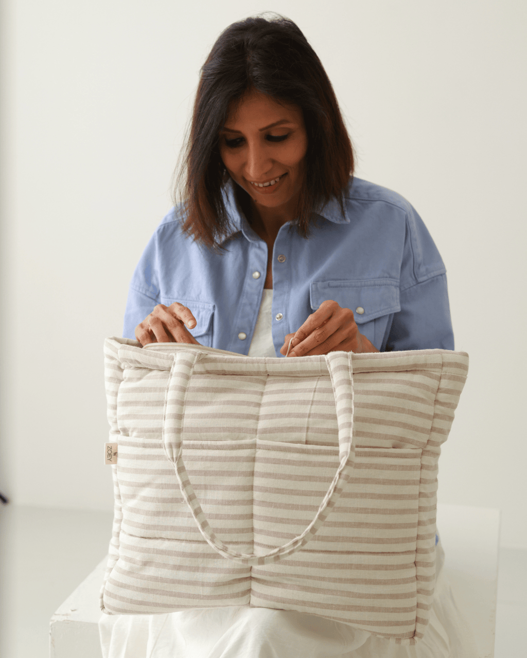 Almond Stripe Tote Nappy Bag (100% Cotton)