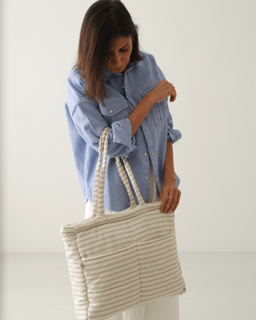 Almond Stripe Tote Nappy Bag (100% Cotton)