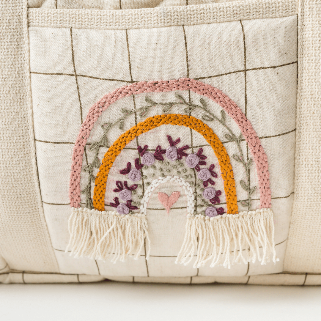 Hand Embroidered Rainbow Cotton Nappy Bag