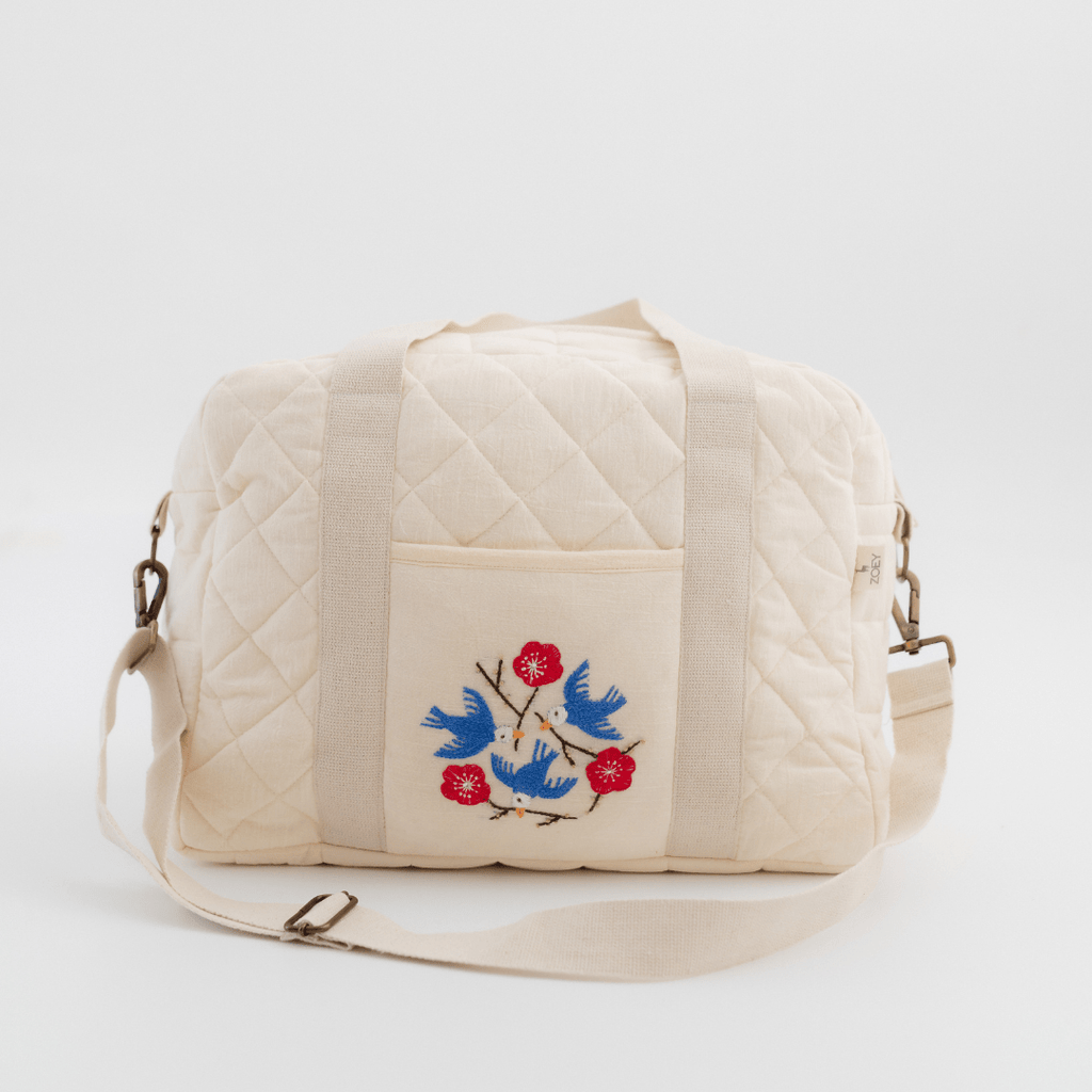 Hand Embroidered Songbirds Perch Nappy Bag (Pure Cotton)
