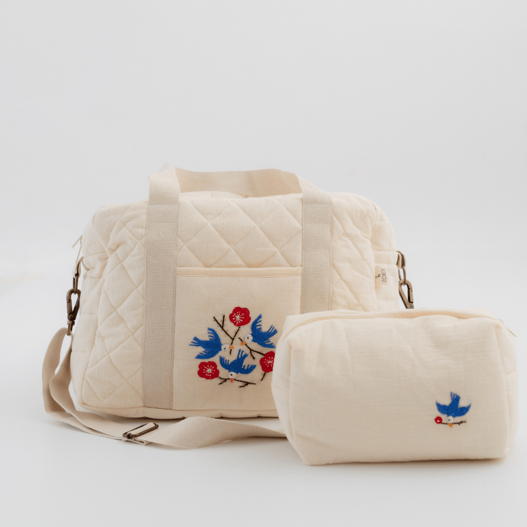 Hand Embroidered Songbirds Perch Nappy Bag (Pure Cotton)