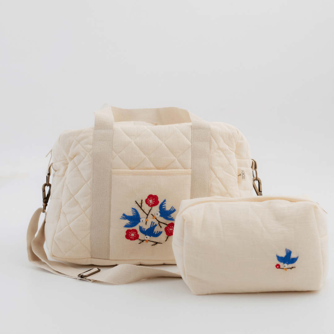 Hand Embroidered Songbirds Perch Nappy Bag (Pure Cotton)